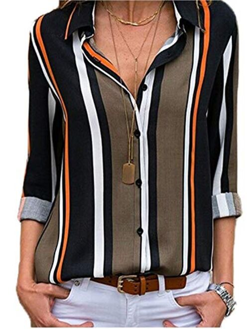 MISSLOOK Women's Stripes Button Down Shirts Roll-up Sleeve Tops V Neck Casual Work Blouses