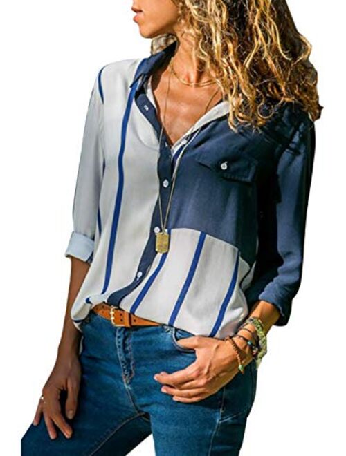 MISSLOOK Women's Stripes Button Down Shirts Roll-up Sleeve Tops V Neck Casual Work Blouses