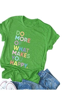 DORFALNE Women's Fun Happy Graphic Tees Summer Cute Round Neck Short Sleeve Letter Printed T-Shirts