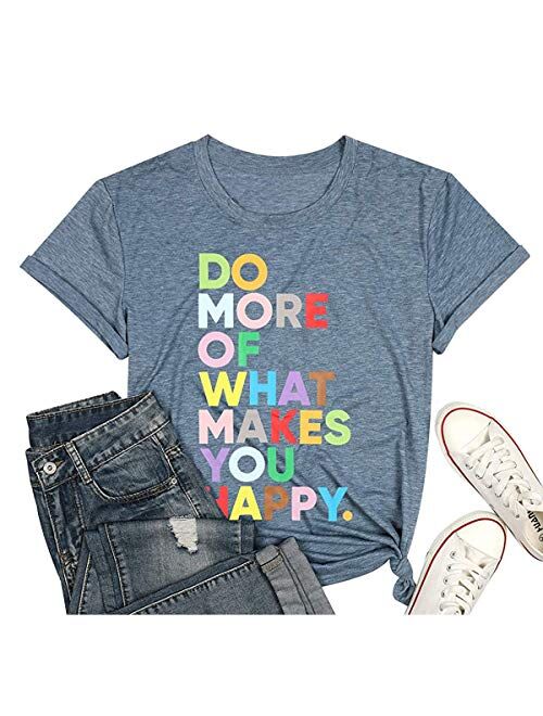 DORFALNE Women's Fun Happy Graphic Tees Summer Cute Round Neck Short Sleeve Letter Printed T-Shirts