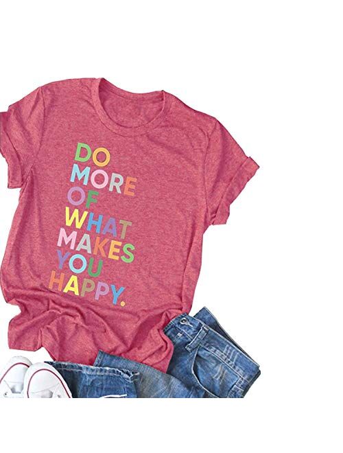 DORFALNE Women's Fun Happy Graphic Tees Summer Cute Round Neck Short Sleeve Letter Printed T-Shirts