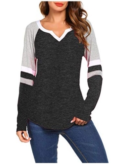 Women's Long Sleeve V Neck Raglan Shirts Loose Blouse Tops Casual Striped Tunic Tee Shirts