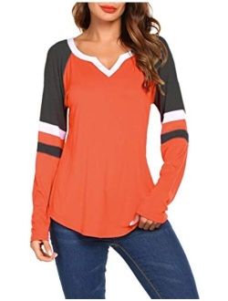 Women's Long Sleeve V Neck Raglan Shirts Loose Blouse Tops Casual Striped Tunic Tee Shirts