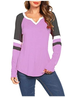 Women's Long Sleeve V Neck Raglan Shirts Loose Blouse Tops Casual Striped Tunic Tee Shirts