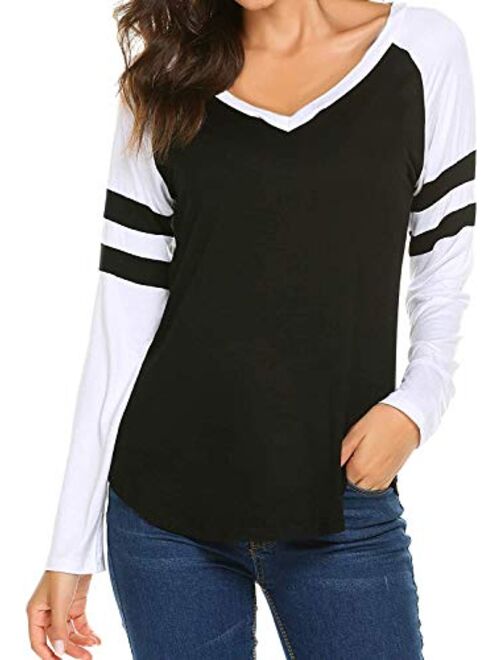 Women's Long Sleeve V Neck Raglan Shirts Loose Blouse Tops Casual Striped Tunic Tee Shirts