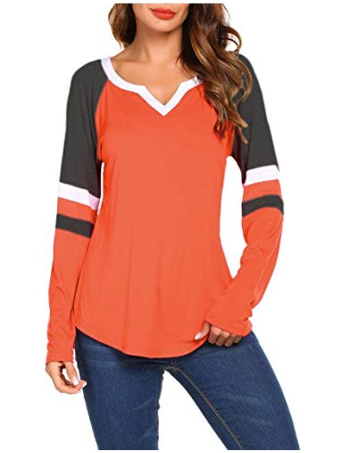 Women's Long Sleeve V Neck Raglan Shirts Loose Blouse Tops Casual Striped Tunic Tee Shirts