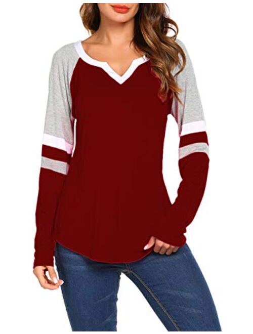 Women's Long Sleeve V Neck Raglan Shirts Loose Blouse Tops Casual Striped Tunic Tee Shirts