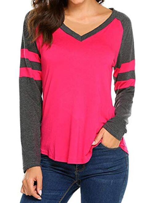 Women's Long Sleeve V Neck Raglan Shirts Loose Blouse Tops Casual Striped Tunic Tee Shirts