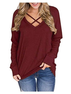 Genhoo Women's V Neck Criss Cross Short Sleeve T Shirt Tunics Tops Blouses Pullover Sweatshirt