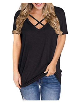 Genhoo Women's V Neck Criss Cross Short Sleeve T Shirt Tunics Tops Blouses Pullover Sweatshirt