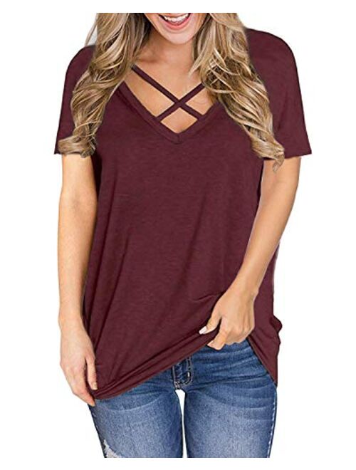 Genhoo Women's V Neck Criss Cross Short Sleeve T Shirt Tunics Tops Blouses Pullover Sweatshirt