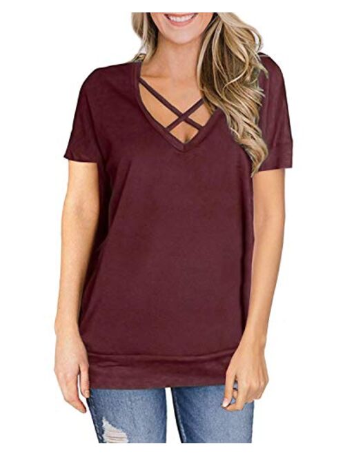 Genhoo Women's V Neck Criss Cross Short Sleeve T Shirt Tunics Tops Blouses Pullover Sweatshirt