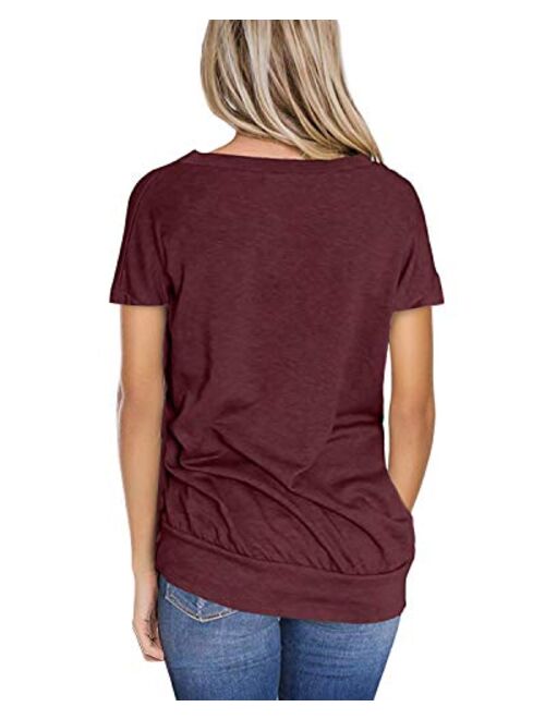 Genhoo Women's V Neck Criss Cross Short Sleeve T Shirt Tunics Tops Blouses Pullover Sweatshirt