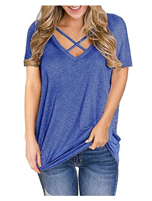 Genhoo Women's V Neck Criss Cross Short Sleeve T Shirt Tunics Tops Blouses Pullover Sweatshirt