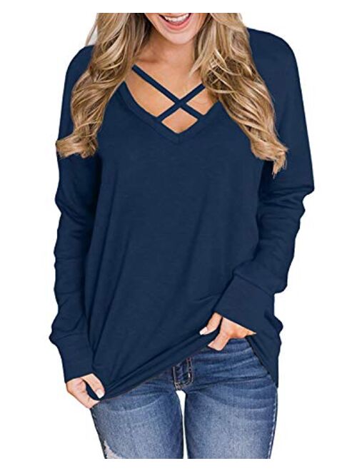 Genhoo Women's V Neck Criss Cross Short Sleeve T Shirt Tunics Tops Blouses Pullover Sweatshirt