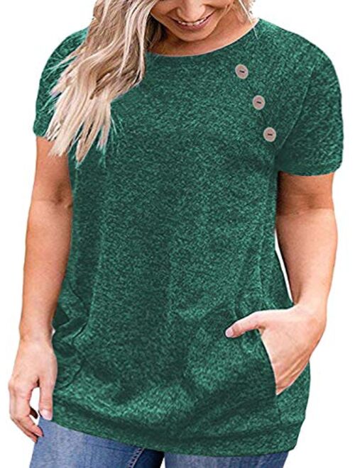 VISLILY Women's Plus Size Short Sleeve Buttons Blouse Loose T Shirt Tops with Pockets