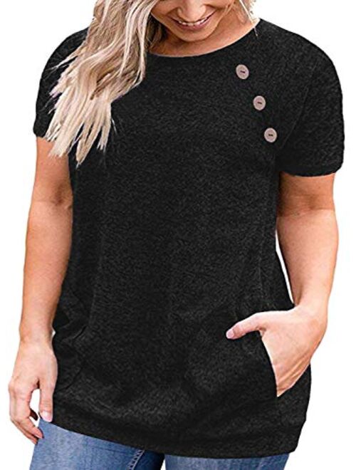 VISLILY Women's Plus Size Short Sleeve Buttons Blouse Loose T Shirt Tops with Pockets