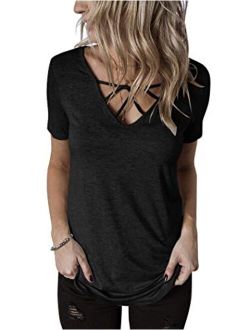 Hilltichu Womens Criss Cross Summer Tops Casual Short Sleeve Shirt V-Neck Tees