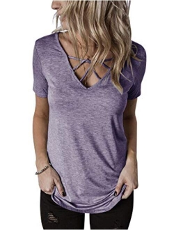 Hilltichu Womens Criss Cross Summer Tops Casual Short Sleeve Shirt V-Neck Tees