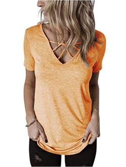 Hilltichu Womens Criss Cross Summer Tops Casual Short Sleeve Shirt V-Neck Tees