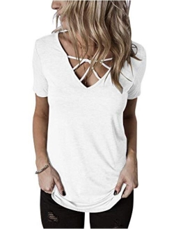 Hilltichu Womens Criss Cross Summer Tops Casual Short Sleeve Shirt V-Neck Tees