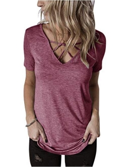 Hilltichu Womens Criss Cross Summer Tops Casual Short Sleeve Shirt V-Neck Tees