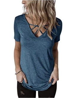 Hilltichu Womens Criss Cross Summer Tops Casual Short Sleeve Shirt V-Neck Tees