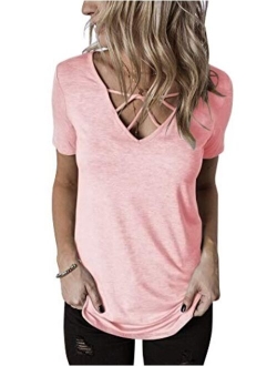 Hilltichu Womens Criss Cross Summer Tops Casual Short Sleeve Shirt V-Neck Tees