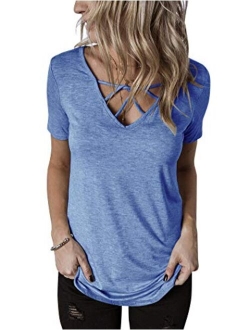 Hilltichu Womens Criss Cross Summer Tops Casual Short Sleeve Shirt V-Neck Tees