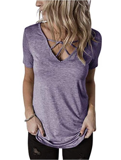 Hilltichu Womens Criss Cross Summer Tops Casual Short Sleeve Shirt V-Neck Tees