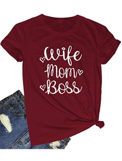 BLACKOO Women Wife Mom Boss Graphic Funny T Shirts Cute Tees