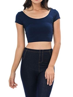 Womens Trendy Solid Color Basic Scooped Neck and Back Crop Top