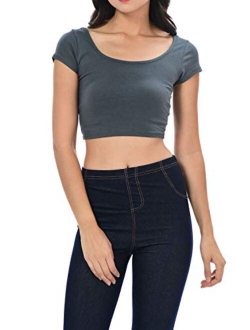 Womens Trendy Solid Color Basic Scooped Neck and Back Crop Top