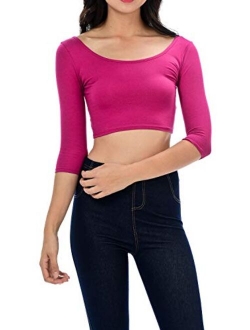 Womens Trendy Solid Color Basic Scooped Neck and Back Crop Top