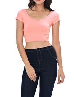 Womens Trendy Solid Color Basic Scooped Neck and Back Crop Top