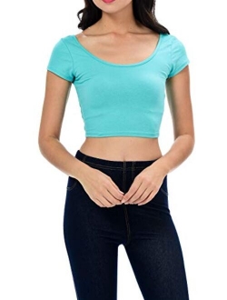 Womens Trendy Solid Color Basic Scooped Neck and Back Crop Top