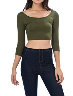 Womens Trendy Solid Color Basic Scooped Neck and Back Crop Top