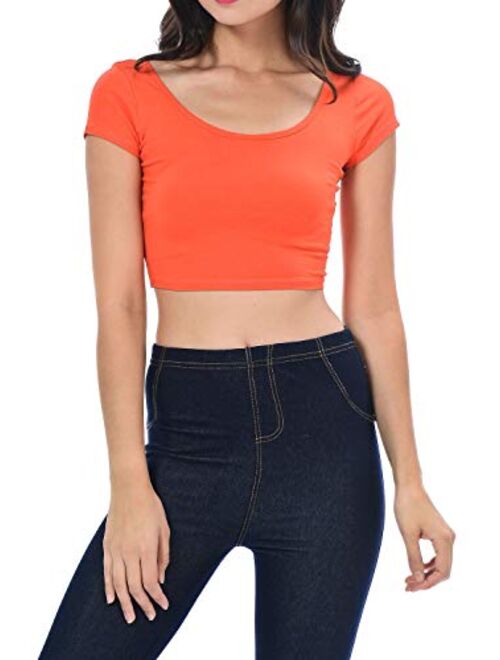 Womens Trendy Solid Color Basic Scooped Neck and Back Crop Top