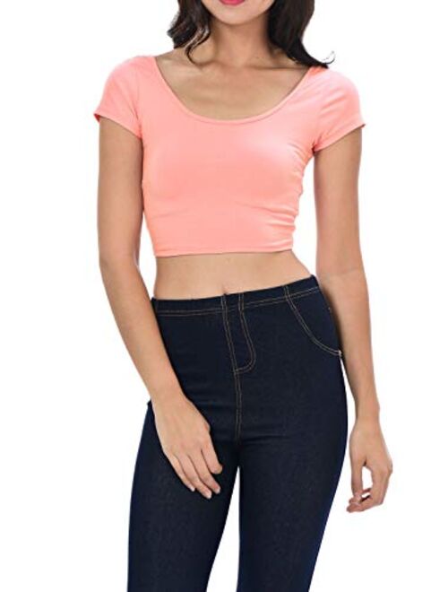 Womens Trendy Solid Color Basic Scooped Neck and Back Crop Top