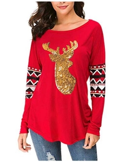 Qearal Womens Casual Long Sleeve Christmas Reindeer Sequin T Shirt Blouse Tops