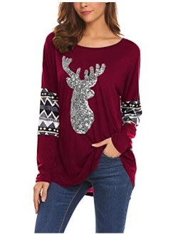 Qearal Womens Casual Long Sleeve Christmas Reindeer Sequin T Shirt Blouse Tops