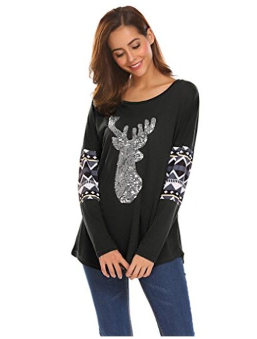 Qearal Womens Casual Long Sleeve Christmas Reindeer Sequin T Shirt Blouse Tops