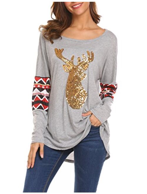 Qearal Womens Casual Long Sleeve Christmas Reindeer Sequin T Shirt Blouse Tops