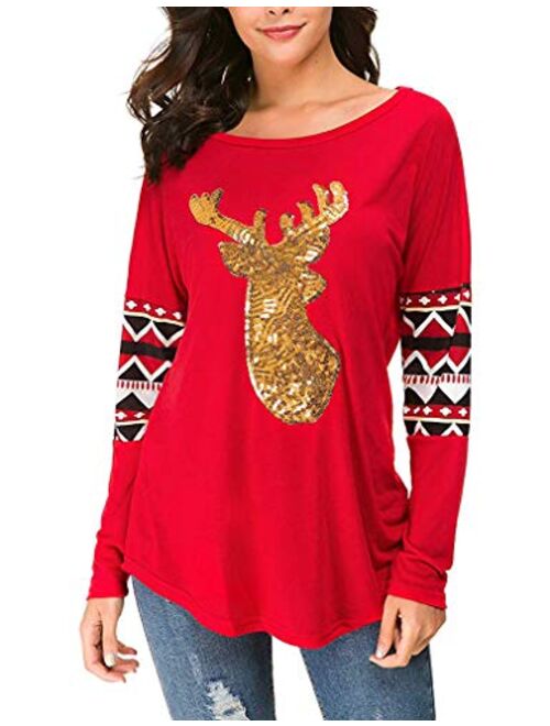 Qearal Womens Casual Long Sleeve Christmas Reindeer Sequin T Shirt Blouse Tops