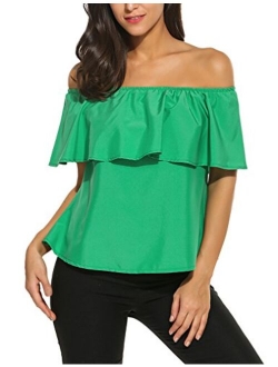 Sherosa Women's Off Shoulder Ruffles Solid Casual Blouse Loose Tops