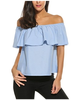 Sherosa Women's Off Shoulder Ruffles Solid Casual Blouse Loose Tops