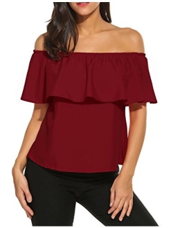 Sherosa Women's Off Shoulder Ruffles Solid Casual Blouse Loose Tops