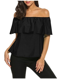 Sherosa Women's Off Shoulder Ruffles Solid Casual Blouse Loose Tops