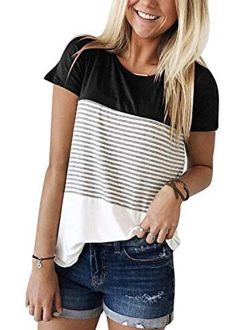 ZAWAPEMIA Womens Short Sleeve Tshirts Round Neck Triple Color Block Stripe T Shirts