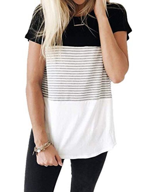 ZAWAPEMIA Womens Short Sleeve Tshirts Round Neck Triple Color Block Stripe T Shirts